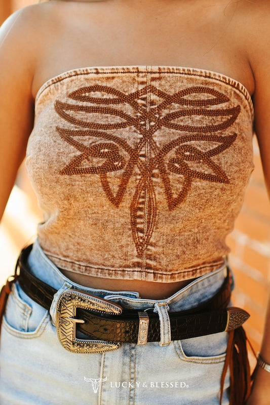Camel Wash Embroidered Corset Top