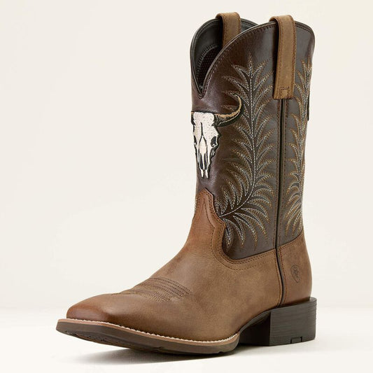 Men's Sport Steer Skull Wide Square Toe Cowboy Boot