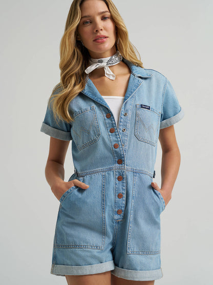 Women's Short Sleeve Denim Snap Romper