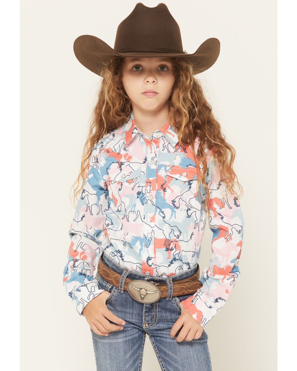 Girl's Horse Print Long Sleeve Western Snap