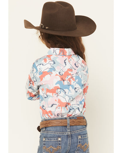 Girl's Horse Print Long Sleeve Western Snap
