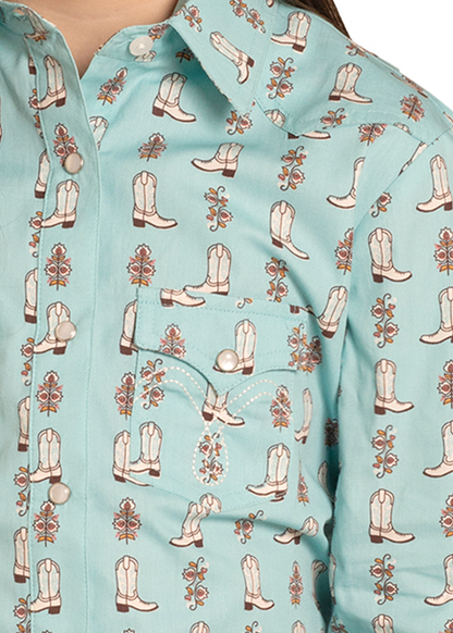 Girl's Long Sleeve Print Snap Shirt